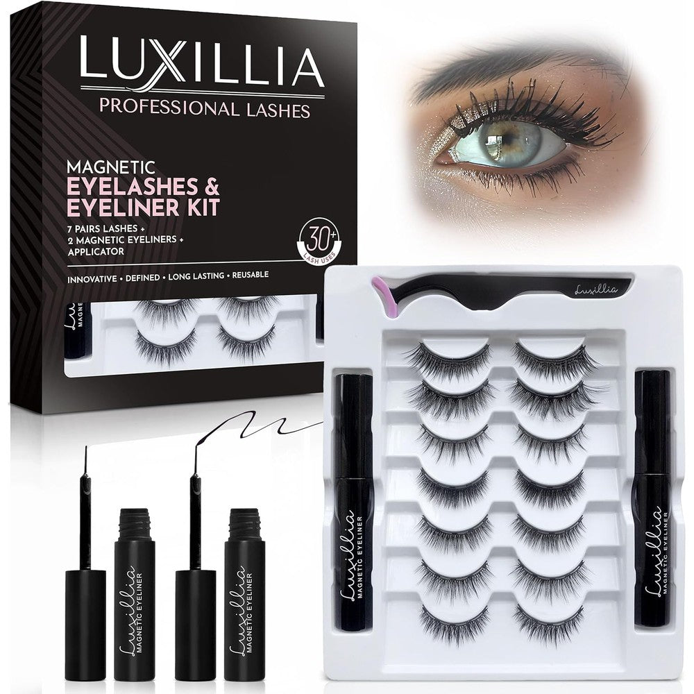 Luxillia Magnetic Eyelashes and Eyeliner Kit front view showing the complete ten piece packaging box.