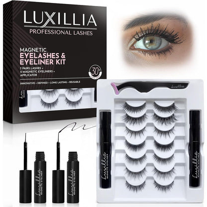 Luxillia Magnetic Eyelashes and Eyeliner Kit front view showing the complete ten piece packaging box.