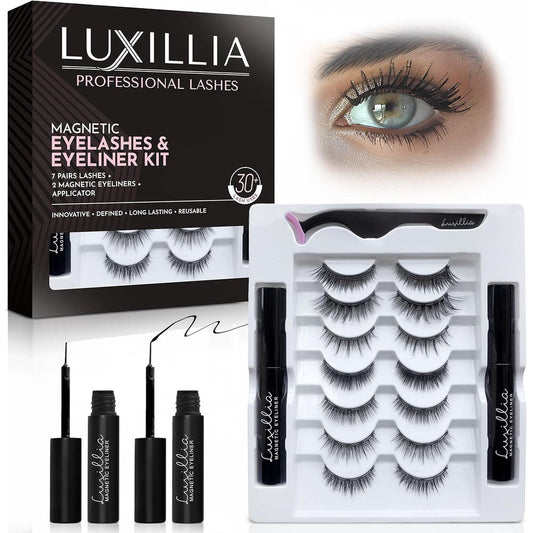 Luxillia Magnetic Eyelashes and Eyeliner Kit front view showing the complete ten piece packaging box.