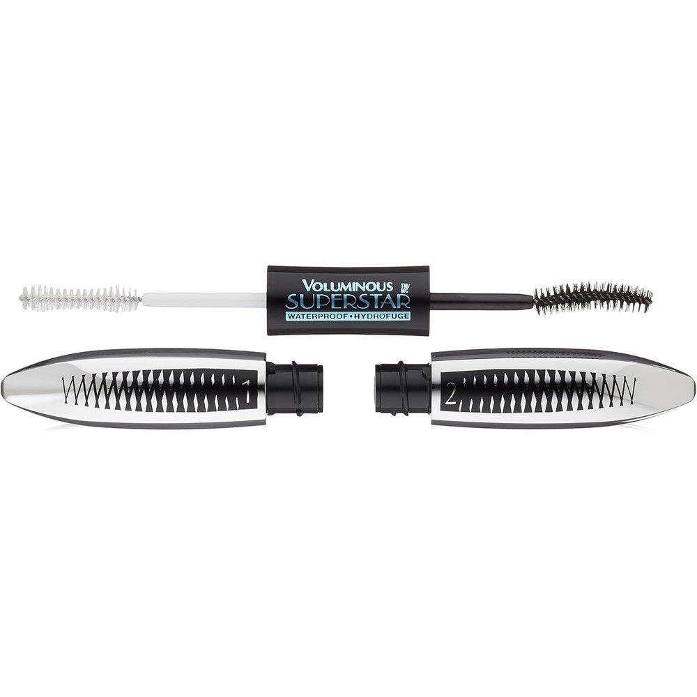 L'Oreal Paris Cosmetics Voluminous Superstar Waterproof Mascara front view showcasing dual ended tubes for lengthening.