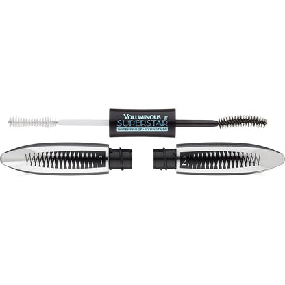 L'Oreal Paris Cosmetics Voluminous Superstar Waterproof Mascara front view showcasing dual ended tubes for lengthening.