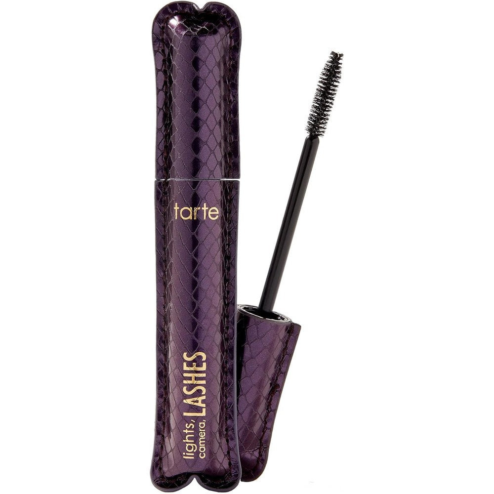 Tarte Lights Camera Lashes 4-in-1 Mascara front view in premium purple faux snake skin packaging.