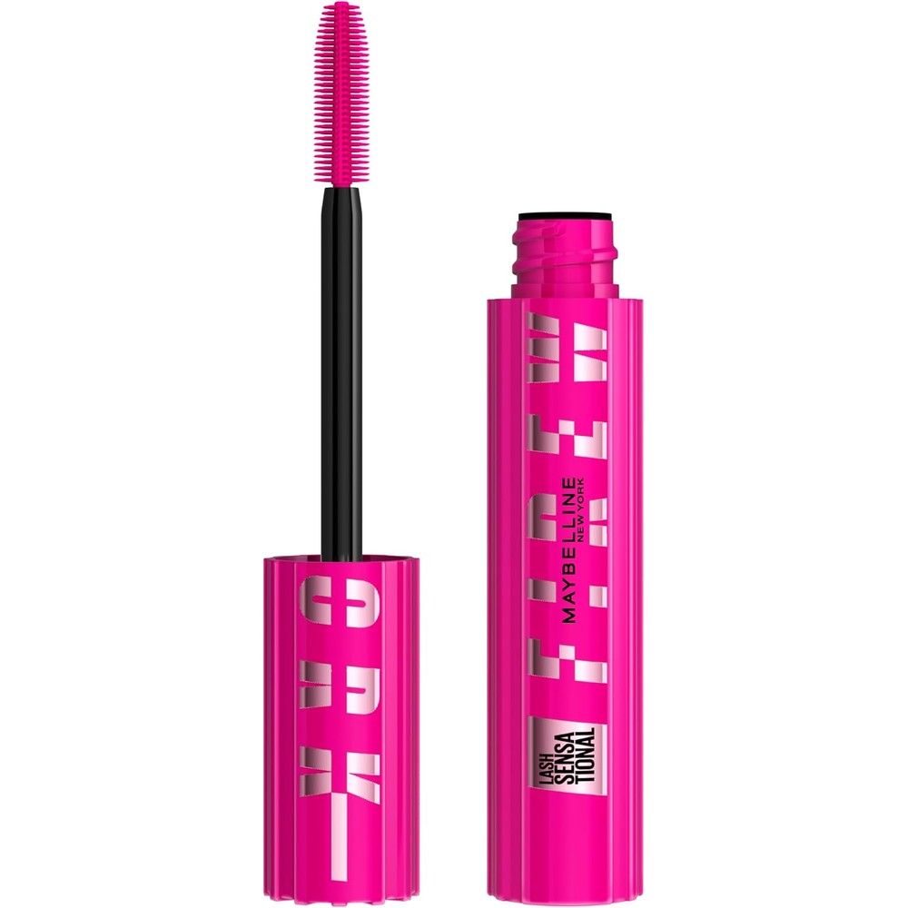 Maybelline Lash Sensational Firework Washable Mascara in front view showing bright pink geometric packaging.