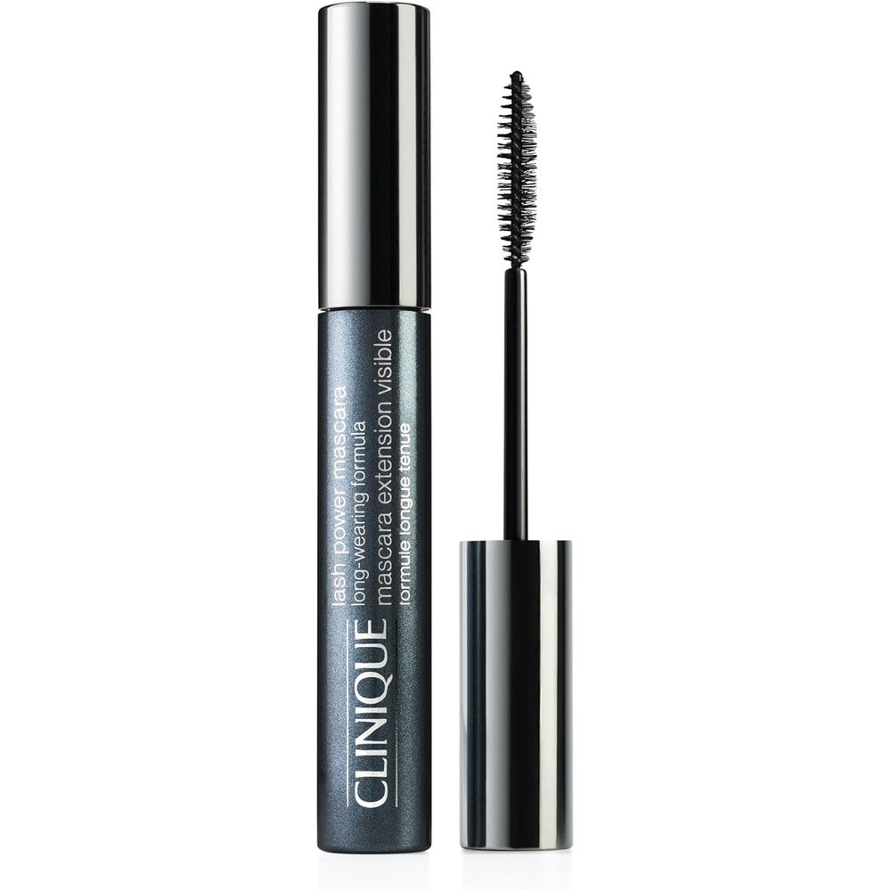 Clinique Lash Power Tubing Mascara front view showcasing the sleek metallic packaging and brand logo