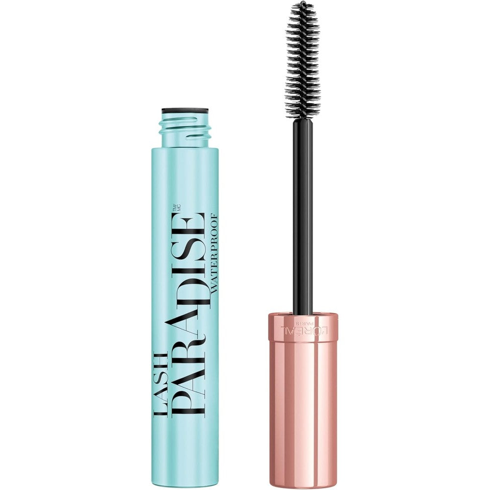 L'Oreal Paris Voluminous Lash Paradise Waterproof Mascara front view of iconic rose gold tube with light blue cap