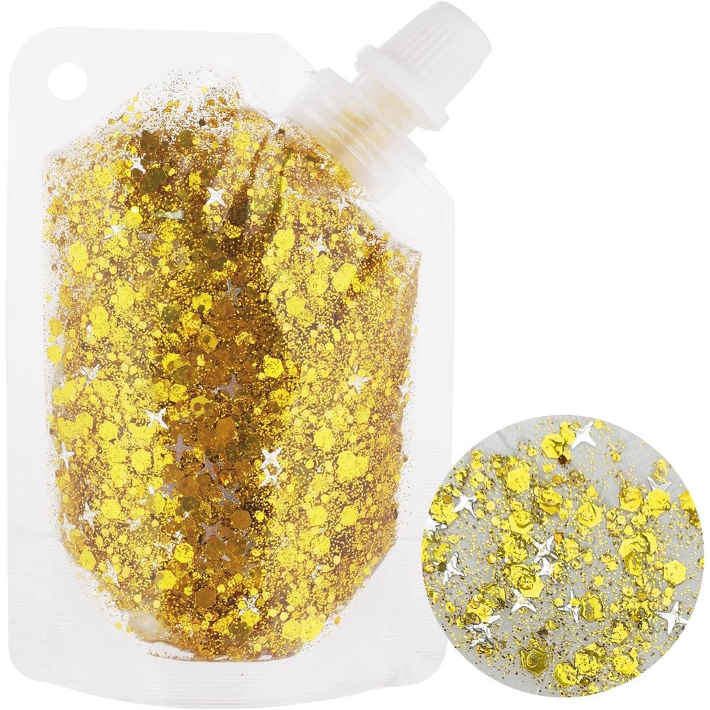 MEICOLY gold body glitter gel pouch front view for music festival makeup