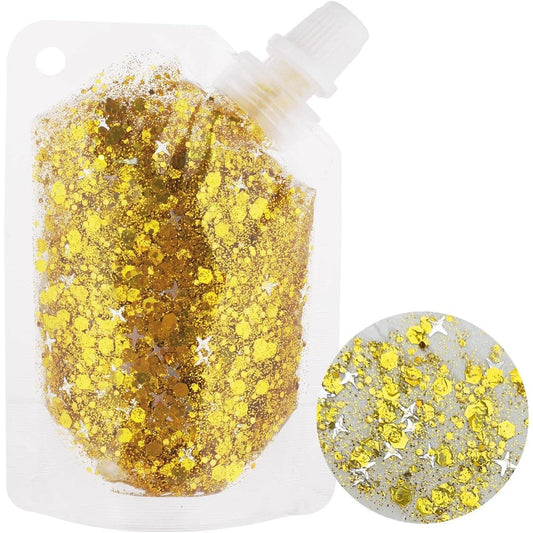 MEICOLY gold body glitter gel pouch front view for music festival makeup