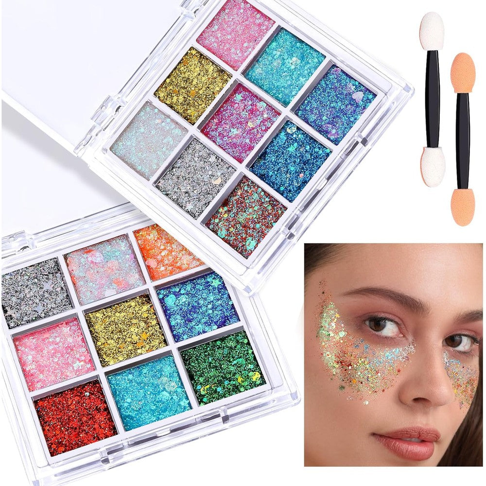 Fandamei Face Glitter Gel Palette front view displaying eighteen vibrant color grids with sponge applicators.
