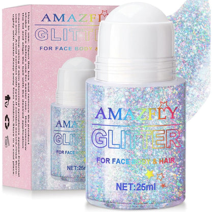 GADMLURY Roll-On Holographic Body Glitter Gel front view showing the 25ml container and rollerball applicator mechanism.