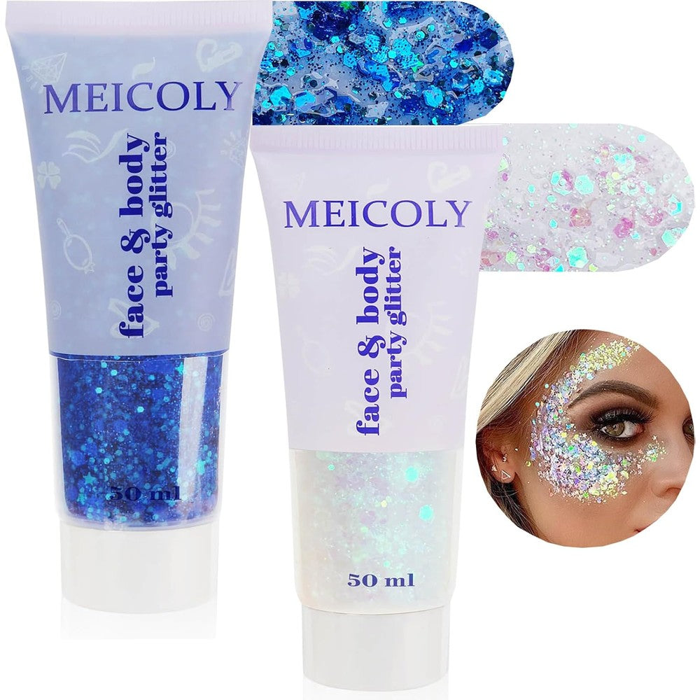 MEICOLY blue and clear white face body glitter set front view product packaging