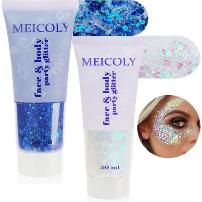 MEICOLY blue and clear white face body glitter set front view product packaging