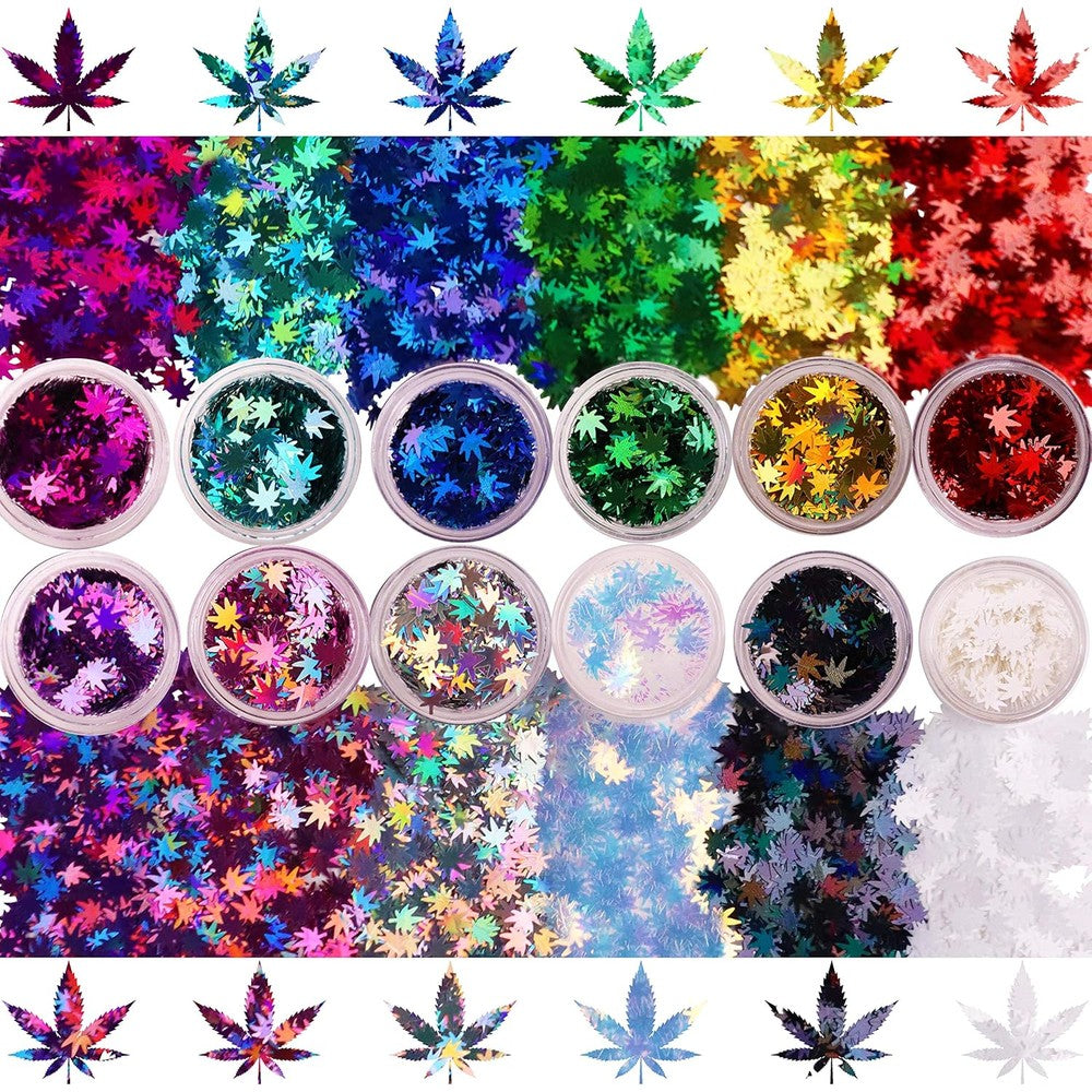 Electric Bliss Beauty metallic rainbow leaf glitter 12 pack front view showing multicolored jars.