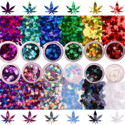 Electric Bliss Beauty metallic rainbow leaf glitter 12 pack front view showing multicolored jars.