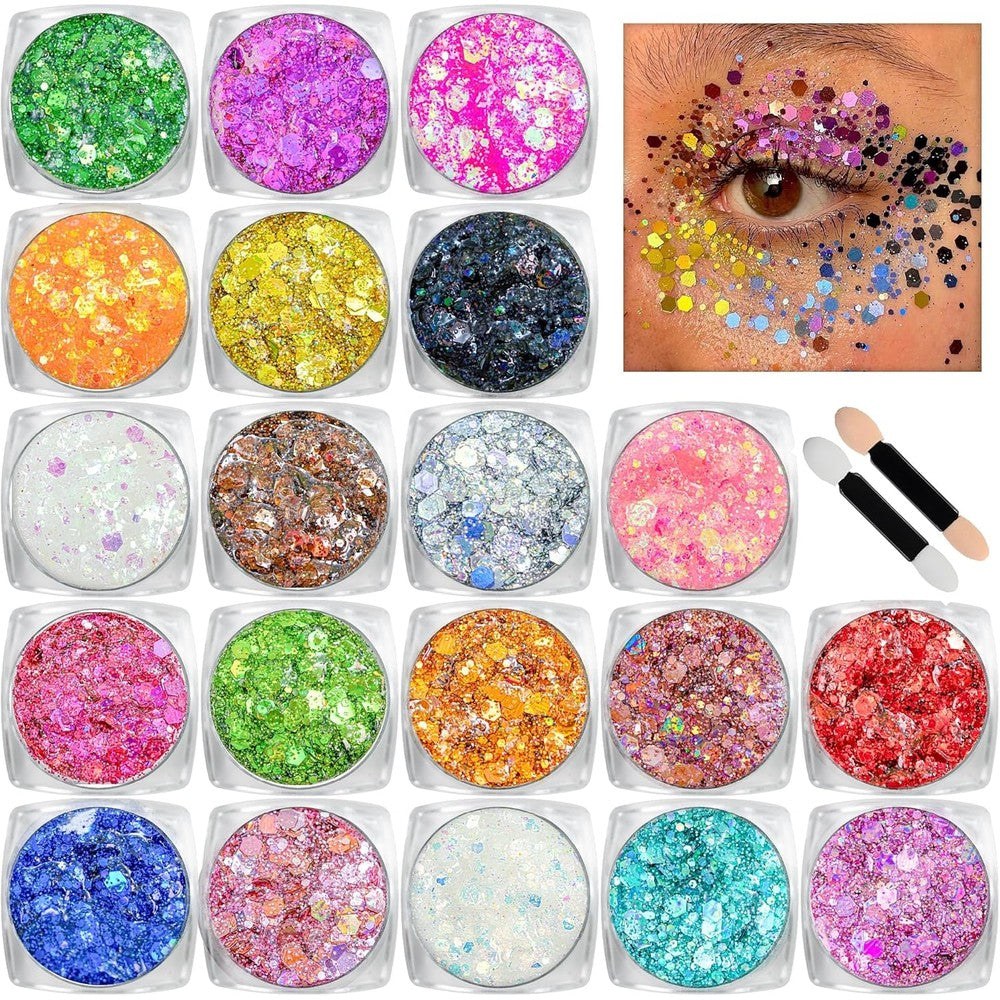 Estanoite body glitter face glitter makeup gel set front view showing twenty vibrant cosmetic colors