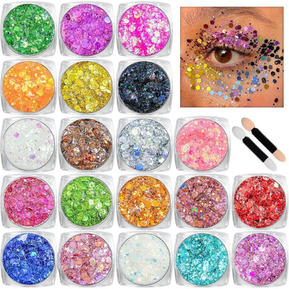 Estanoite body glitter face glitter makeup gel set front view showing twenty vibrant cosmetic colors