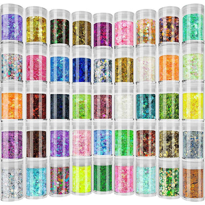 Linwulte Holographic Chunky and Fine Glitter Mix front view showing forty five colorful jars