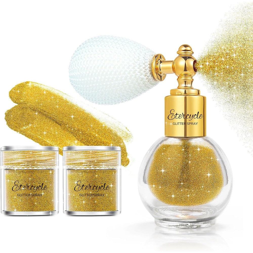 Etercycle hair glitter spray front view gold shimmer powder bottle with vintage bulb atomizer