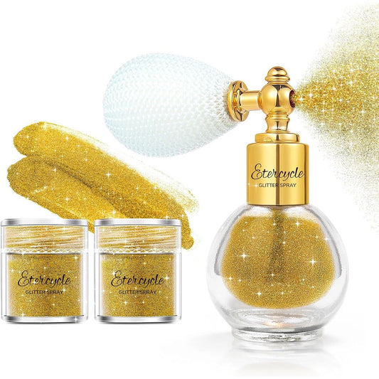 Etercycle hair glitter spray front view gold shimmer powder bottle with vintage bulb atomizer