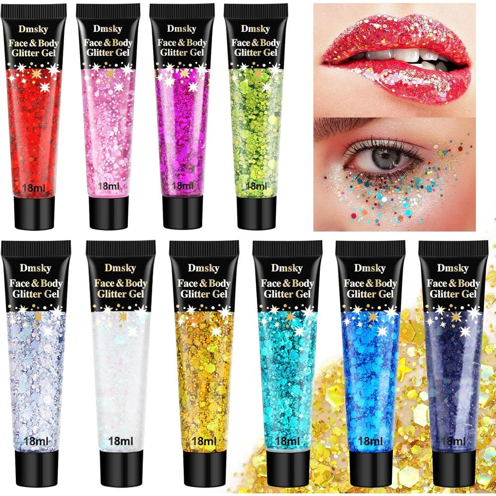 Dmsky 10 colors body glitter gel tubes box front view cosmetic grade sparkle makeup