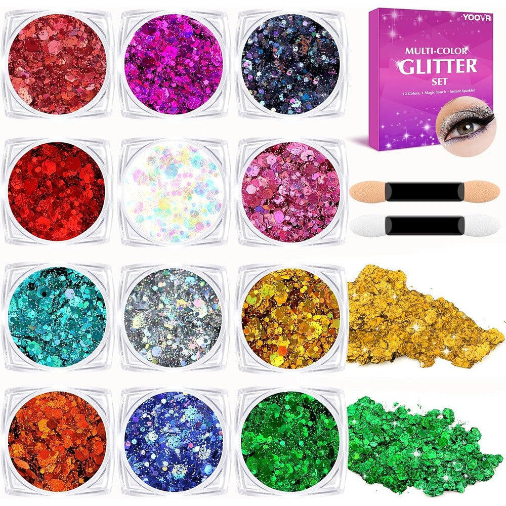 Dmsky Yoovr body hair face glitter kit front packaging with twelve colorful jars