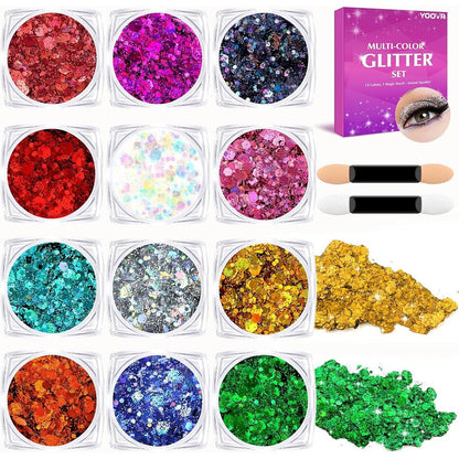 Dmsky Yoovr body hair face glitter kit front packaging with twelve colorful jars