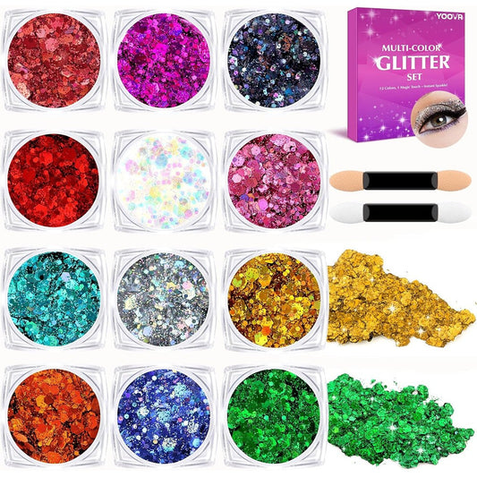 Dmsky Yoovr body hair face glitter kit front packaging with twelve colorful jars