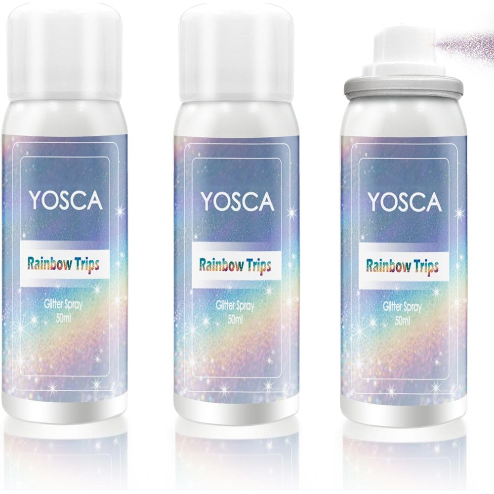 Yosca Body Glitter Spray three bottle pack front view showcasing holographic silver packaging.