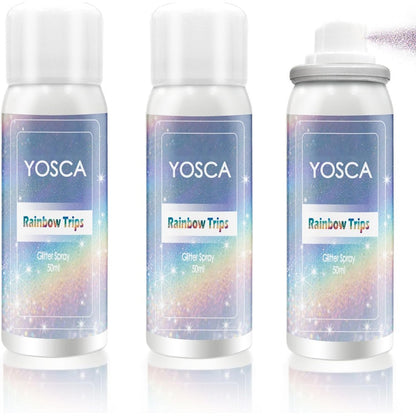 Yosca Body Glitter Spray three bottle pack front view showcasing holographic silver packaging.
