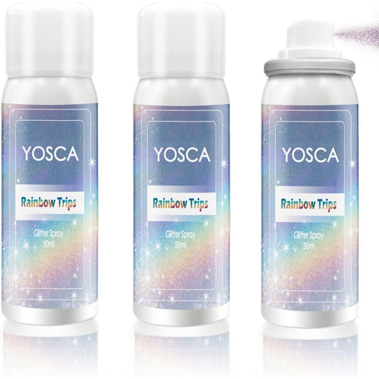 Yosca Body Glitter Spray three bottle pack front view showcasing holographic silver packaging.
