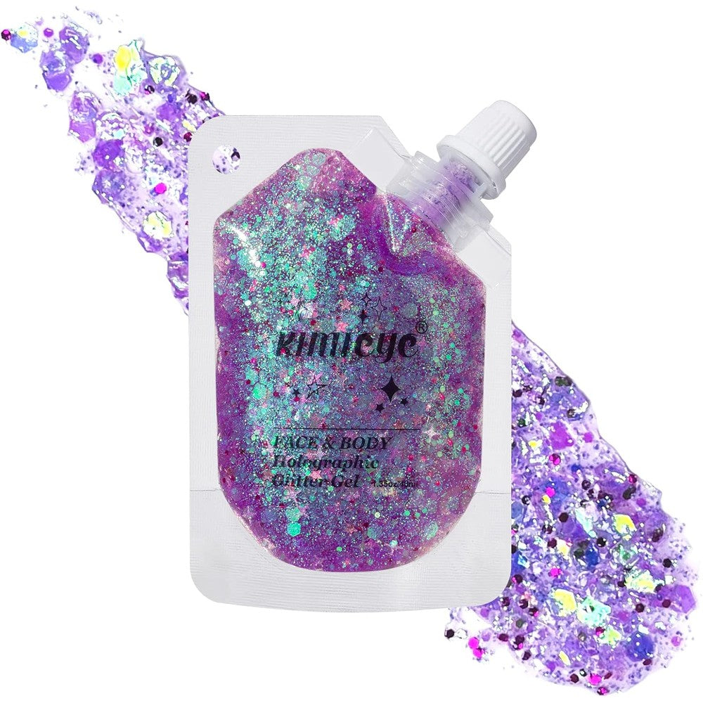 KIMIEYE Holographic Face and Body Glitter Gel Illusion Purple front view of packaging