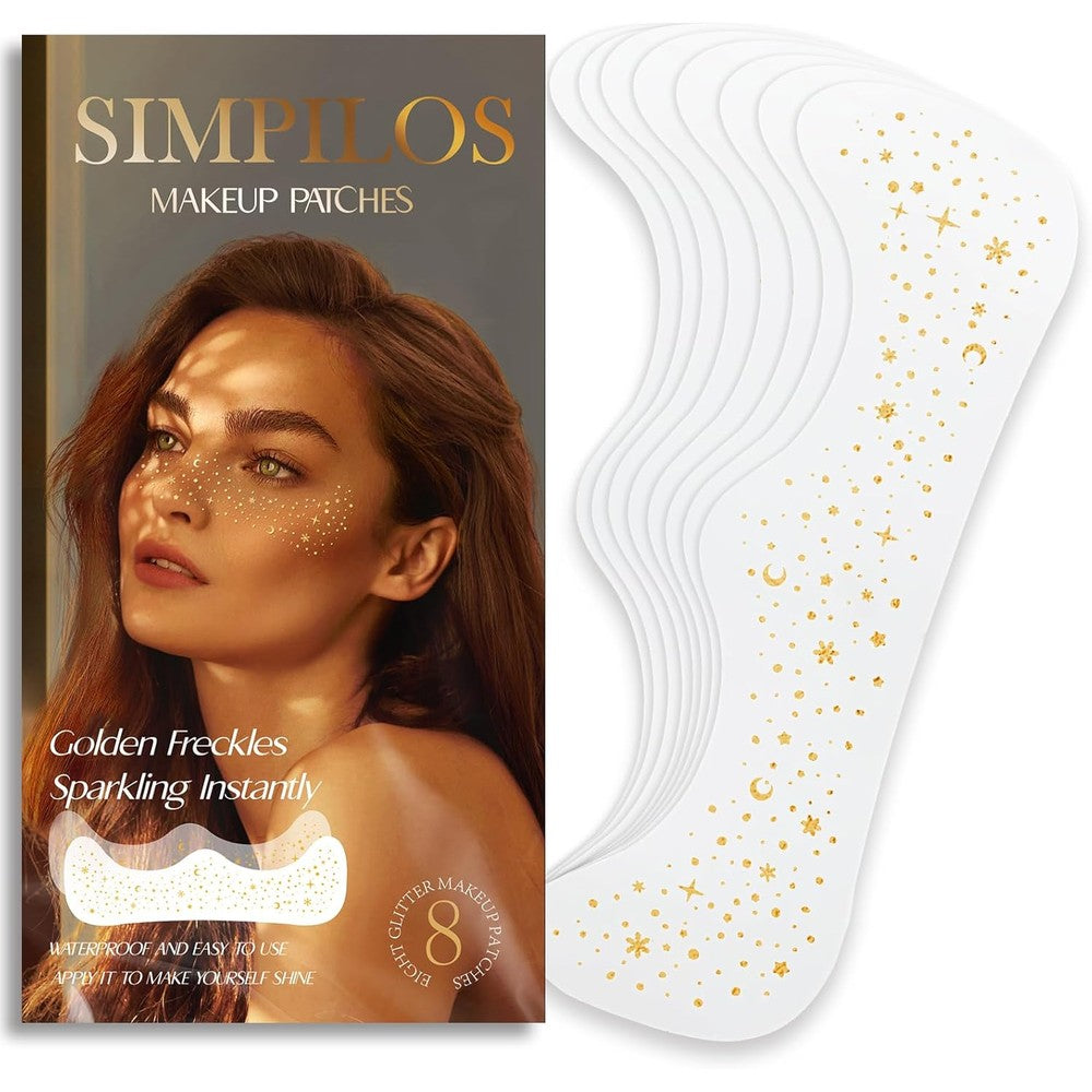 Simpilos Gold Snowflake Glitter Makeup Patches front packaging view featuring temporary face stickers.