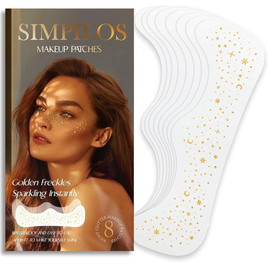 Simpilos Gold Snowflake Glitter Makeup Patches front packaging view featuring temporary face stickers.