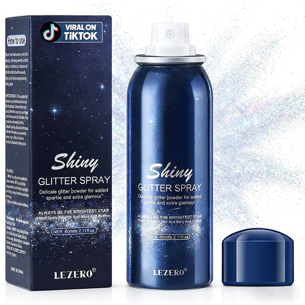 Lezero face and body glitter spray blue canister front view hair and clothing shimmer makeup