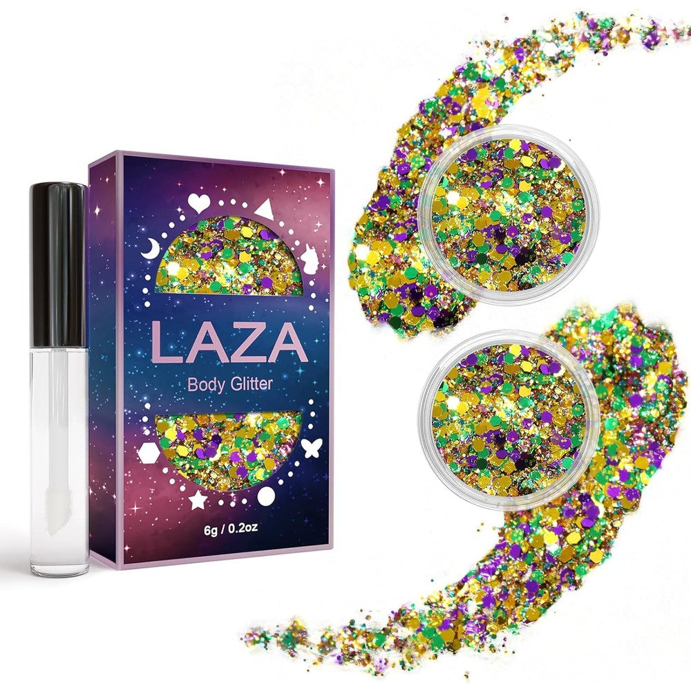 Laza body glitter set front view showing two jars and glue