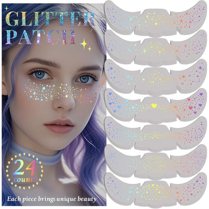 BESNEL 24pcs Glitter Freckles Makeup Patches front view showing holographic star designs