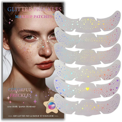 Anmubag glitter freckles holographic face tattoo front view showing iridescent star designs