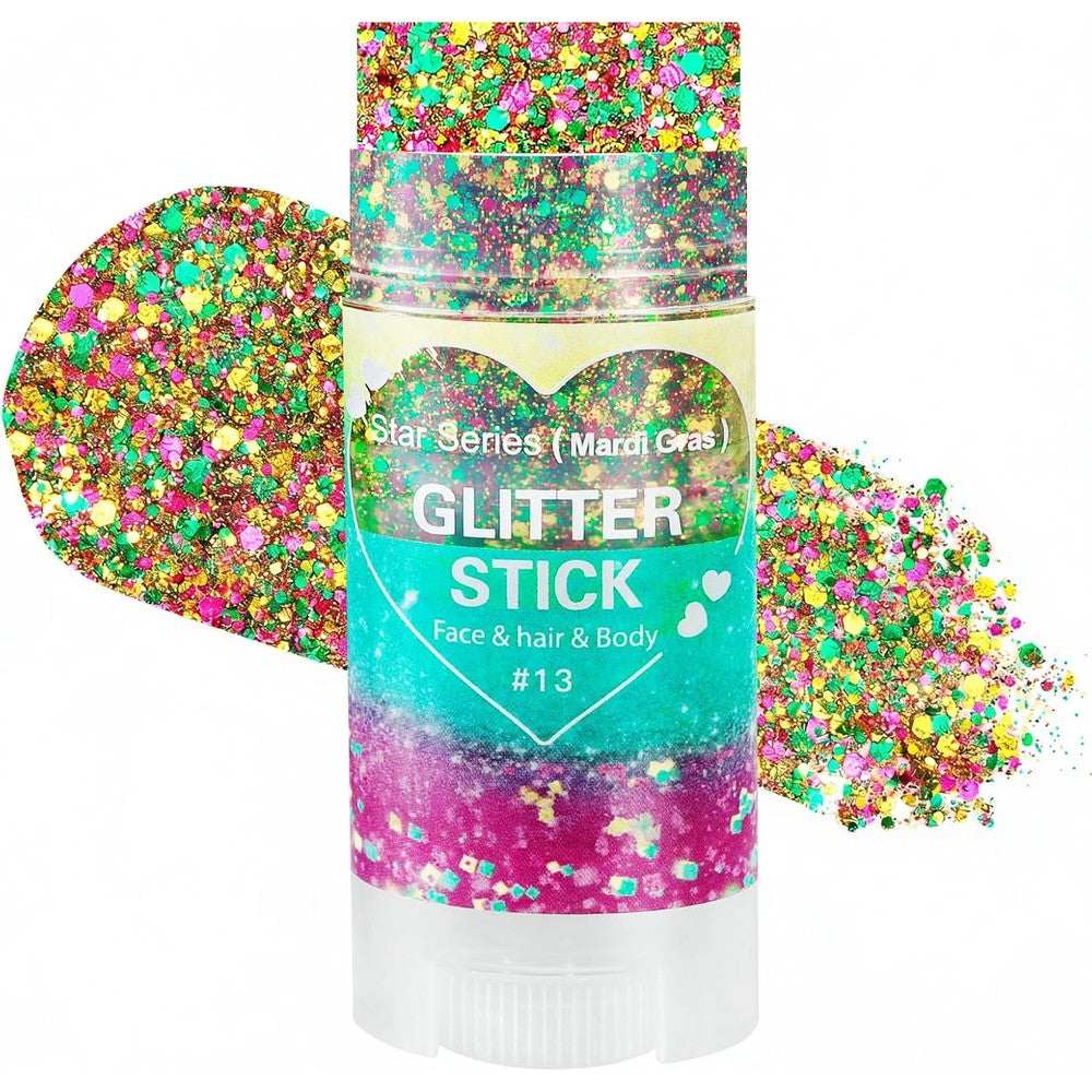 Mysense Mardi Gras Face Hair Body Glitter Stick front view showing the purple green and gold chunky sequin gel formula.