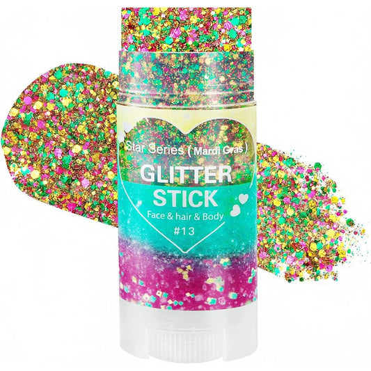 Mysense Mardi Gras Face Hair Body Glitter Stick front view showing the purple green and gold chunky sequin gel formula.