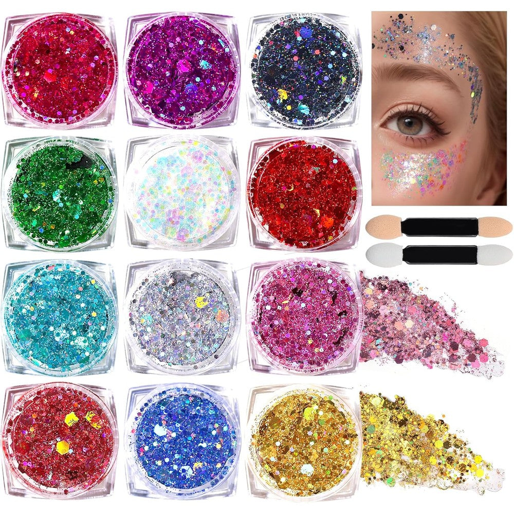 Teenitor Body Glitter Face Glitter Makeup set showcasing twelve colorful individual pots from a front angle viewpoint.