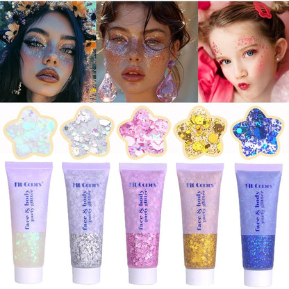 Prehot Face and Body Glitter Gel set showing five colorful tubes in front view