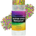 MEICOLY Mardi Gras body glitter stick front view showing twist-up packaging and holographic carnival shade