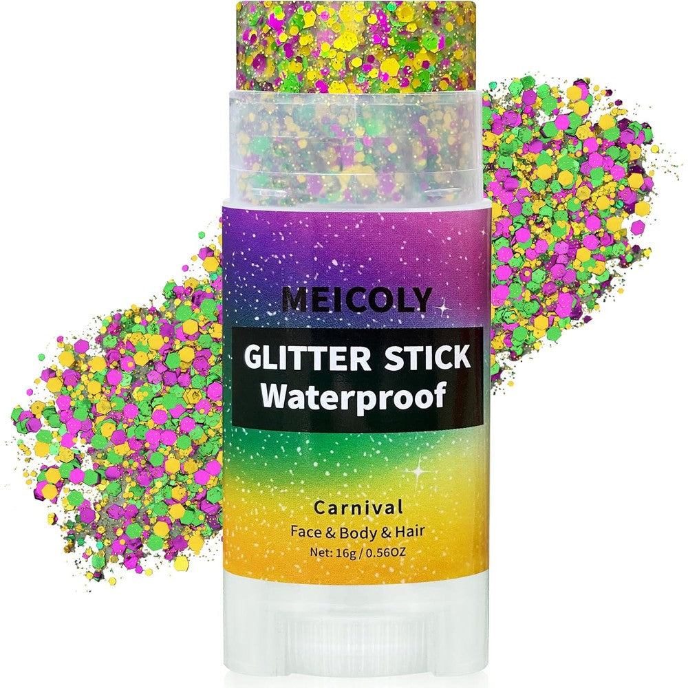 MEICOLY Mardi Gras body glitter stick front view for festival makeup.