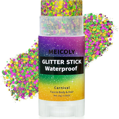 MEICOLY Mardi Gras body glitter stick front view for festival makeup.