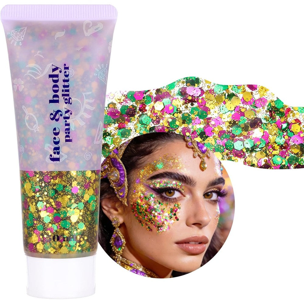 DAGEDA Senecesli Mardi Gras body glitter gel tube front view showing green gold and purple sequins