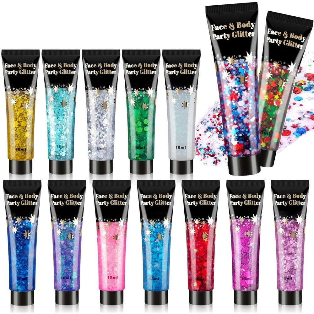 AROIC 14 Colors Body Glitter Gel Set front view showing individual tubes of vibrant festival makeup