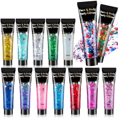 AROIC 14 Colors Body Glitter Gel Set front view showing individual tubes of vibrant festival makeup