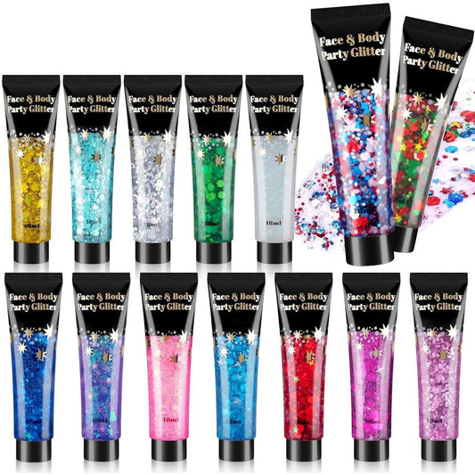 AROIC 14 Colors Body Glitter Gel Set front view showing individual tubes of vibrant festival makeup