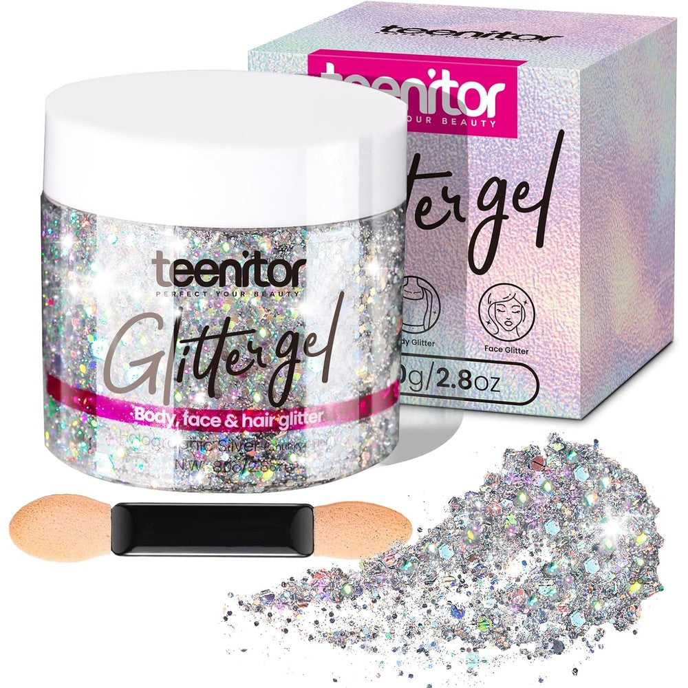 Teenitor Holographic Silver Body Glitter Gel jar front view highlighting the premium 80 grams packaging