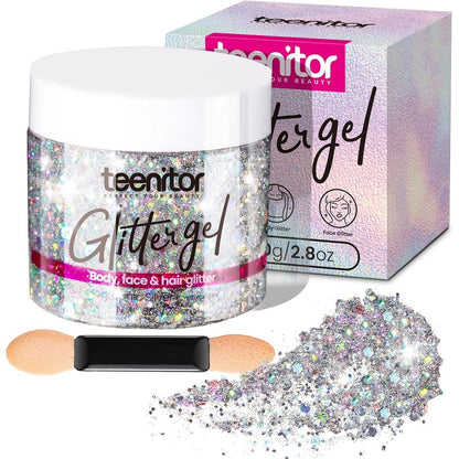Teenitor Holographic Silver Body Glitter Gel jar front view highlighting the premium 80 grams packaging