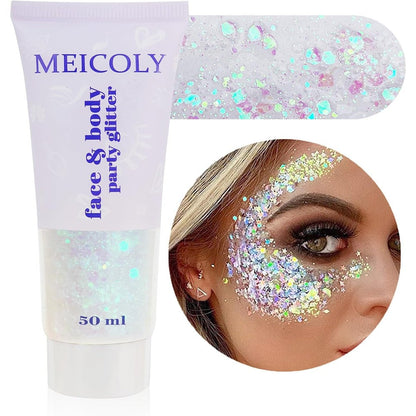 MEICOLY clear white body glitter gel front view packaging on white background
